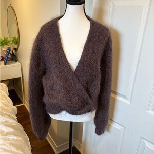 Chunky Knit Mauve Cardigan – Mohair-Style Fuzzy Texture | Balloon Sleeve